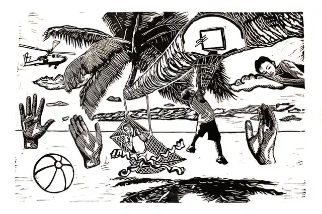 Linogravure en noir sur papier blanc, scène au trait avec aplats et hachures